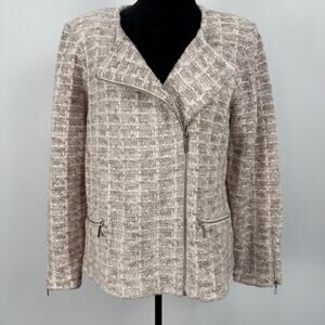 Chico's Cardigan Tweed Moto Zip Sweater Tan Cream Cotton Fitted Plus Size NWT